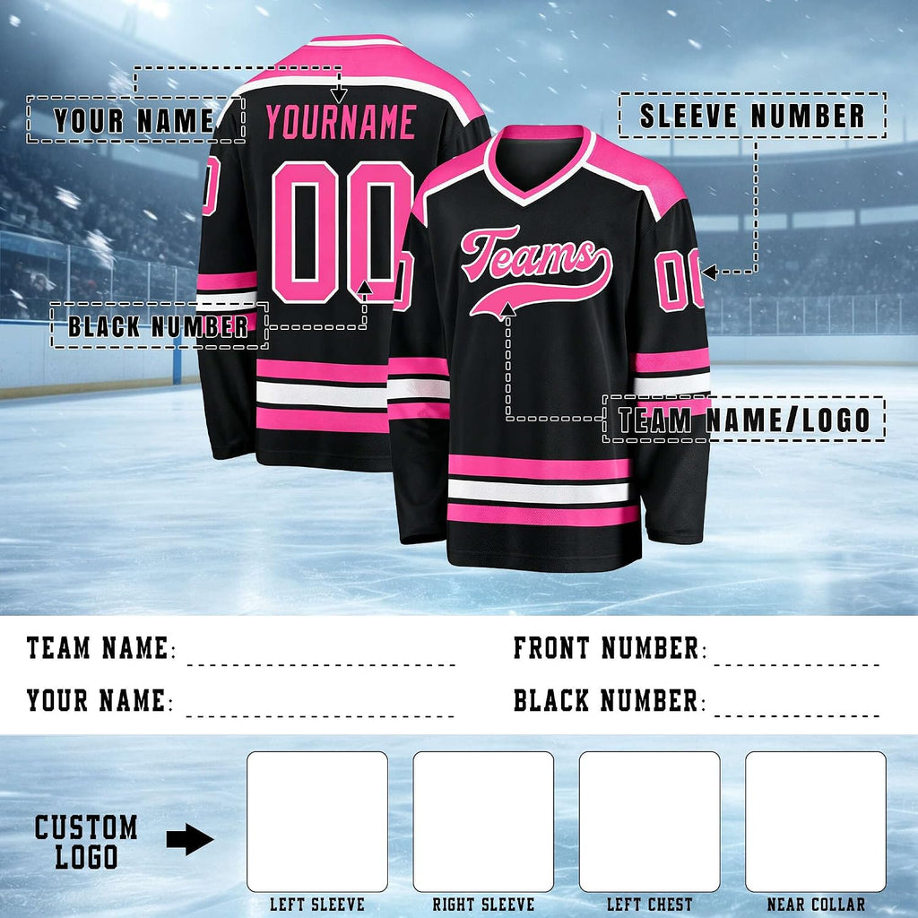 Custom Black, Pink and White Hockey Jersey