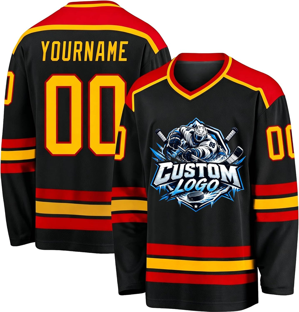Custom Black, Red and Gold Hockey Jersey