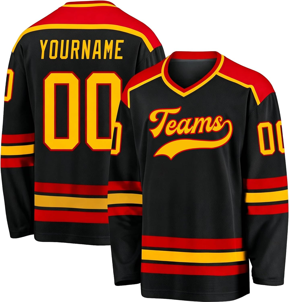 Custom Black, Red and Gold Hockey Jersey