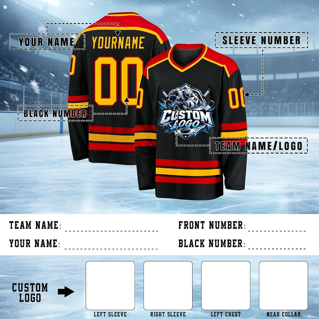 Custom Black, Red and Gold Hockey Jersey