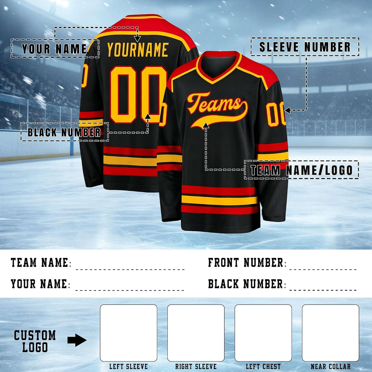 Custom Black, Red and Gold Hockey Jersey