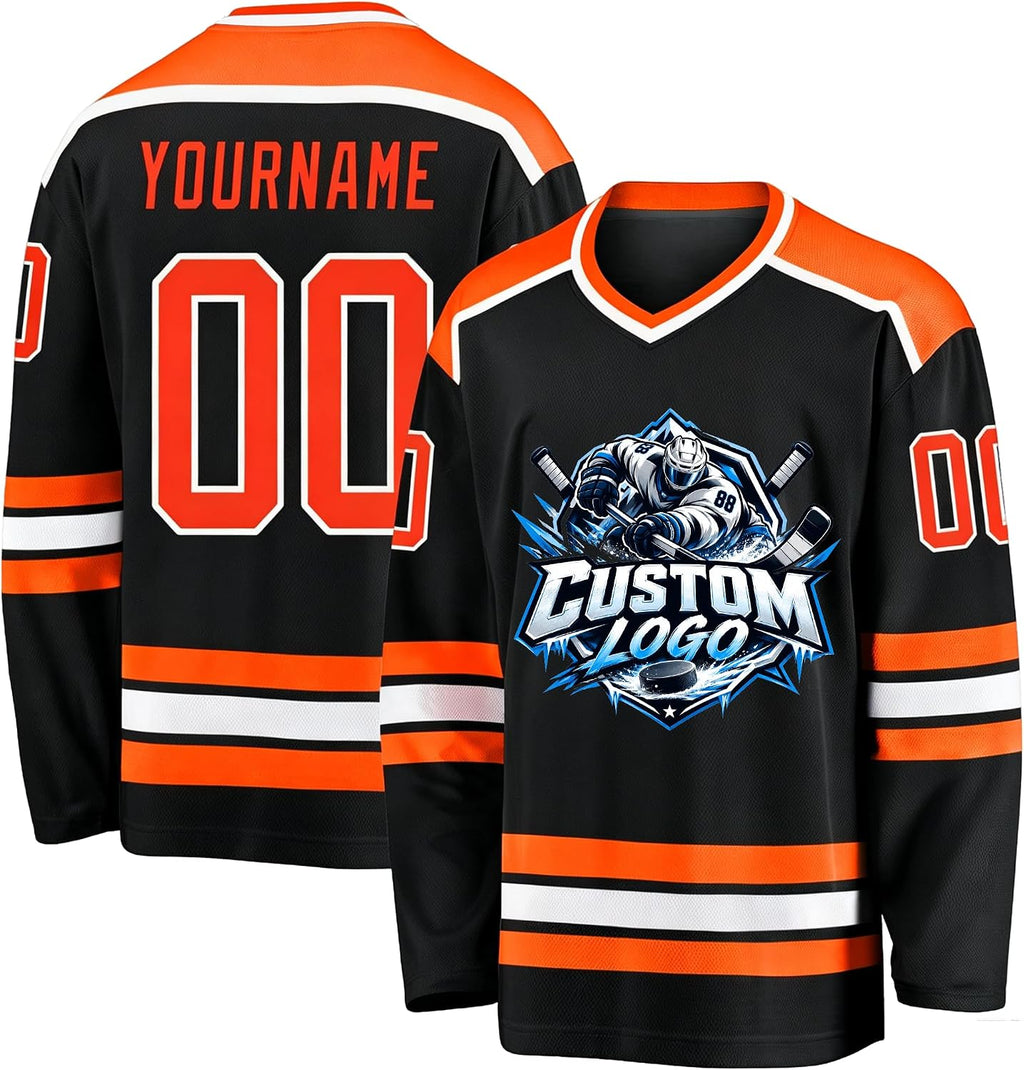 Custom Black, Orange and White Hockey Jersey
