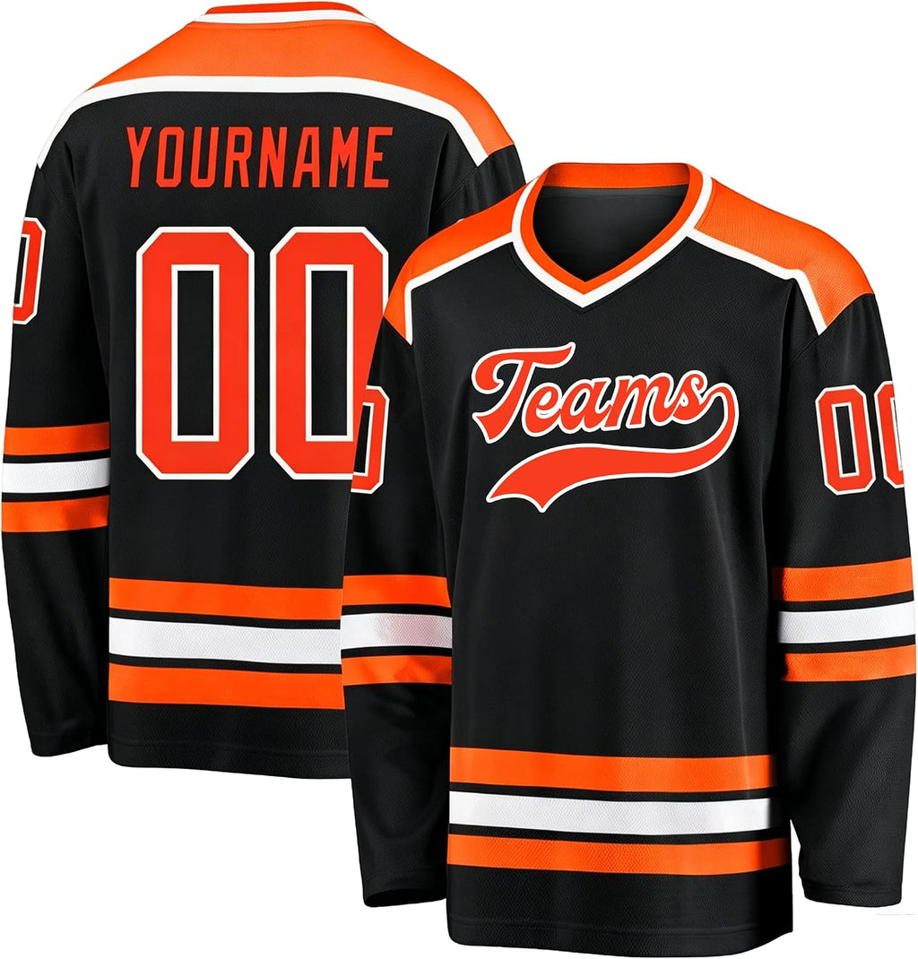 Custom Black, Orange and White Hockey Jersey