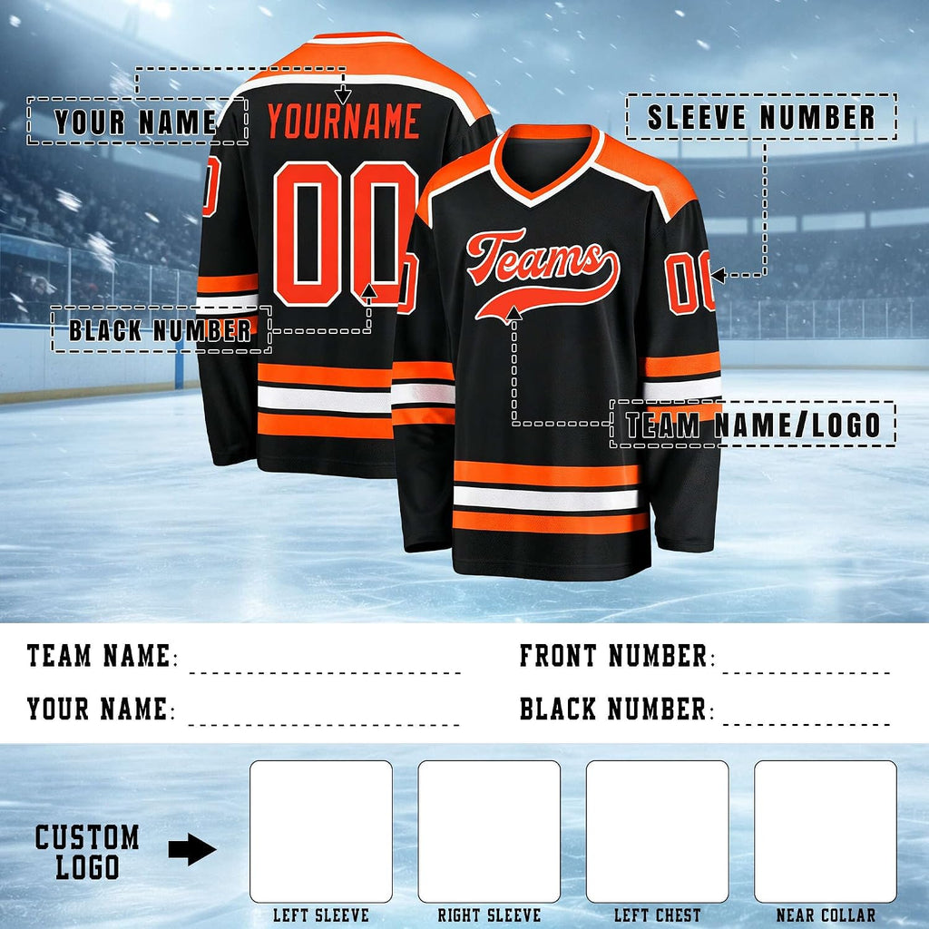Custom Black, Orange and White Hockey Jersey