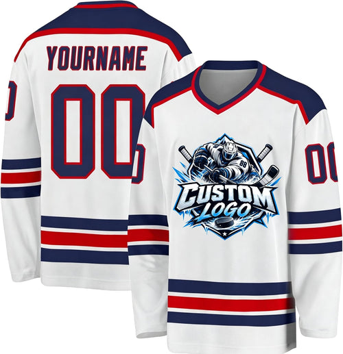 Custom White, Navy and Red Hockey Jersey