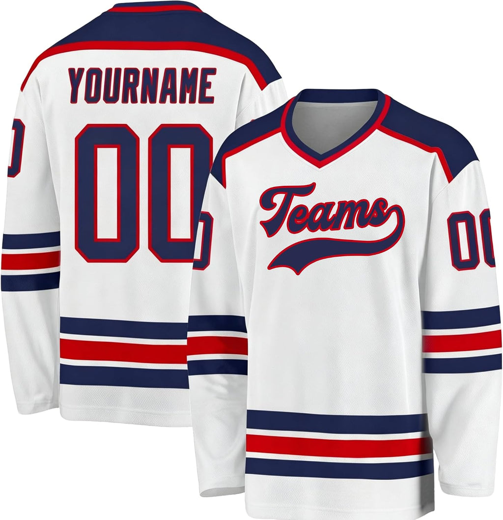 Custom White, Navy and Red Hockey Jersey