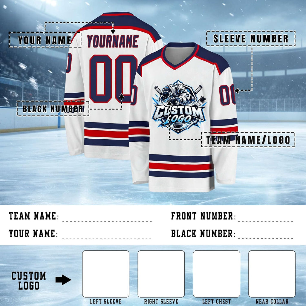 Custom White, Navy and Red Hockey Jersey