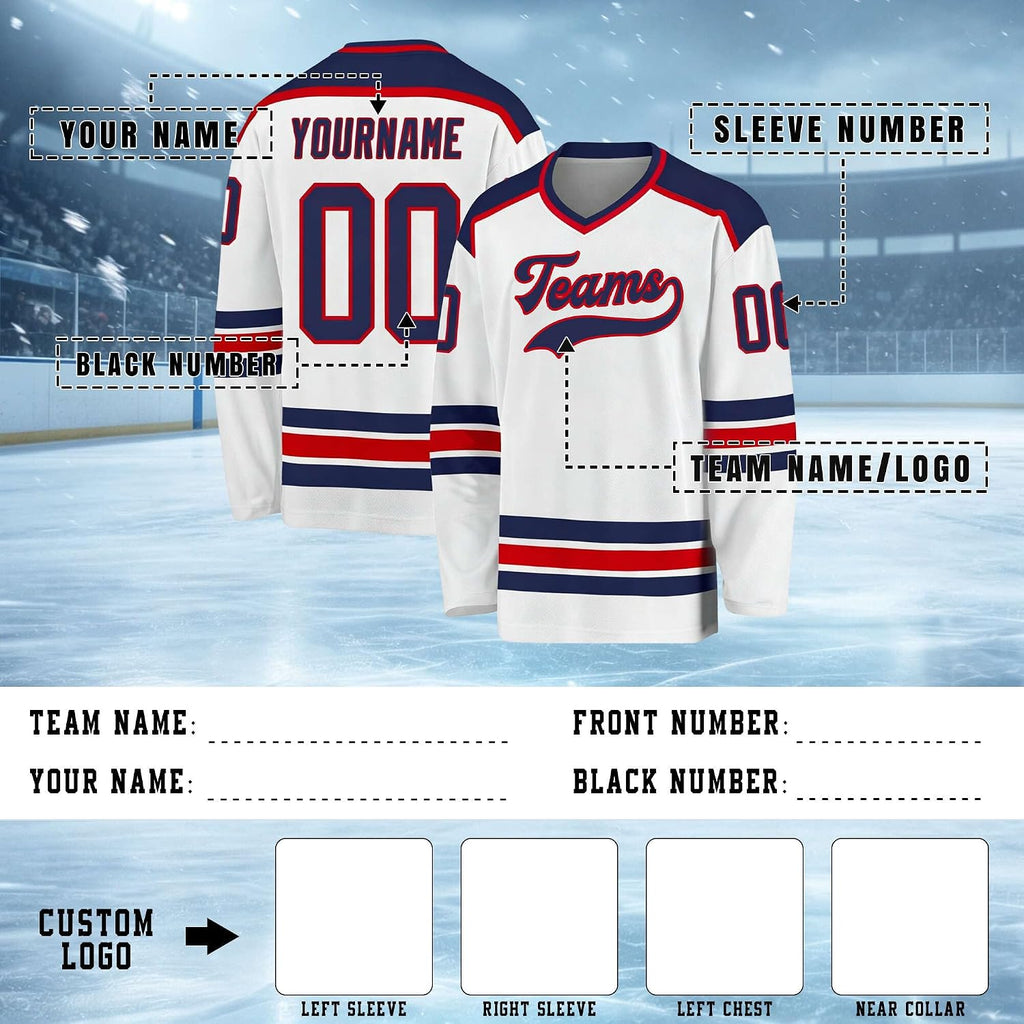Custom White, Navy and Red Hockey Jersey