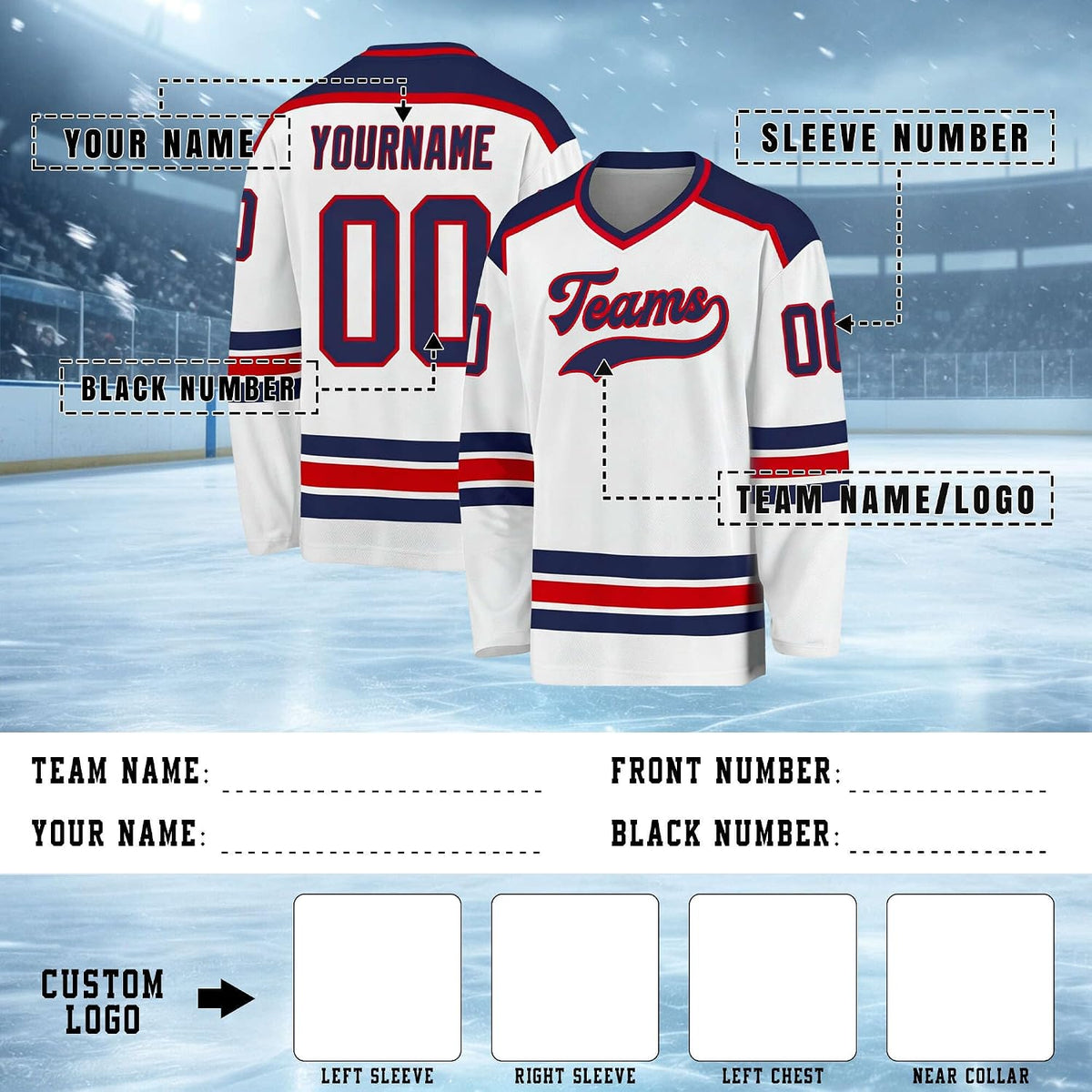 Custom White, Navy and Red Hockey Jersey