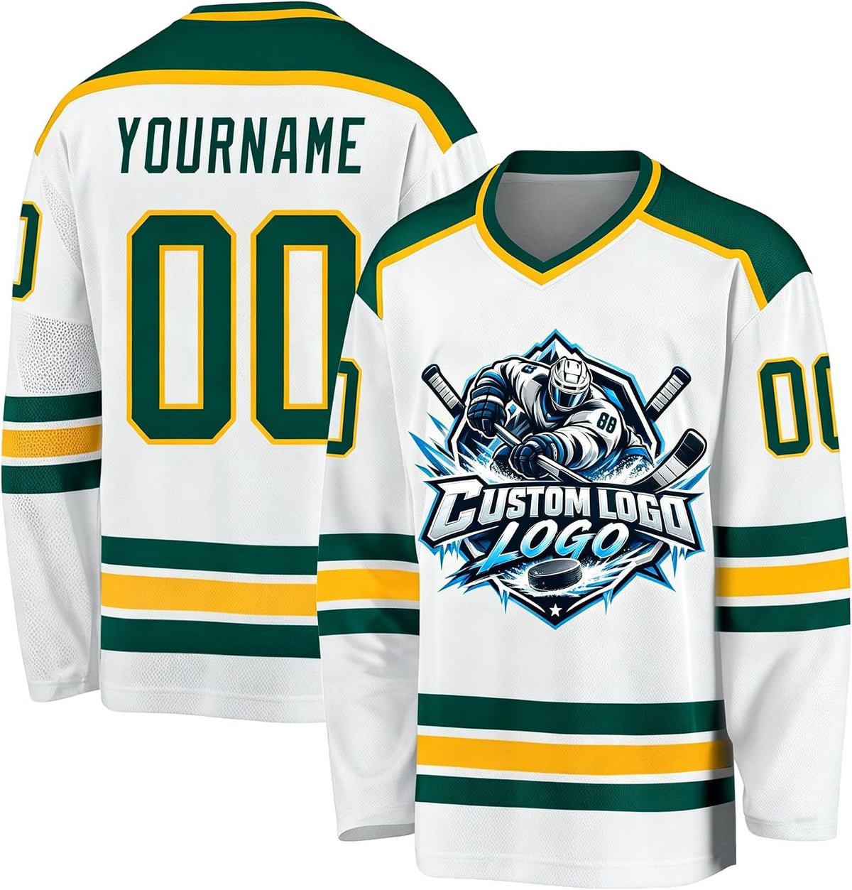 Custom White, Green, Black and Gold Hockey Jersey