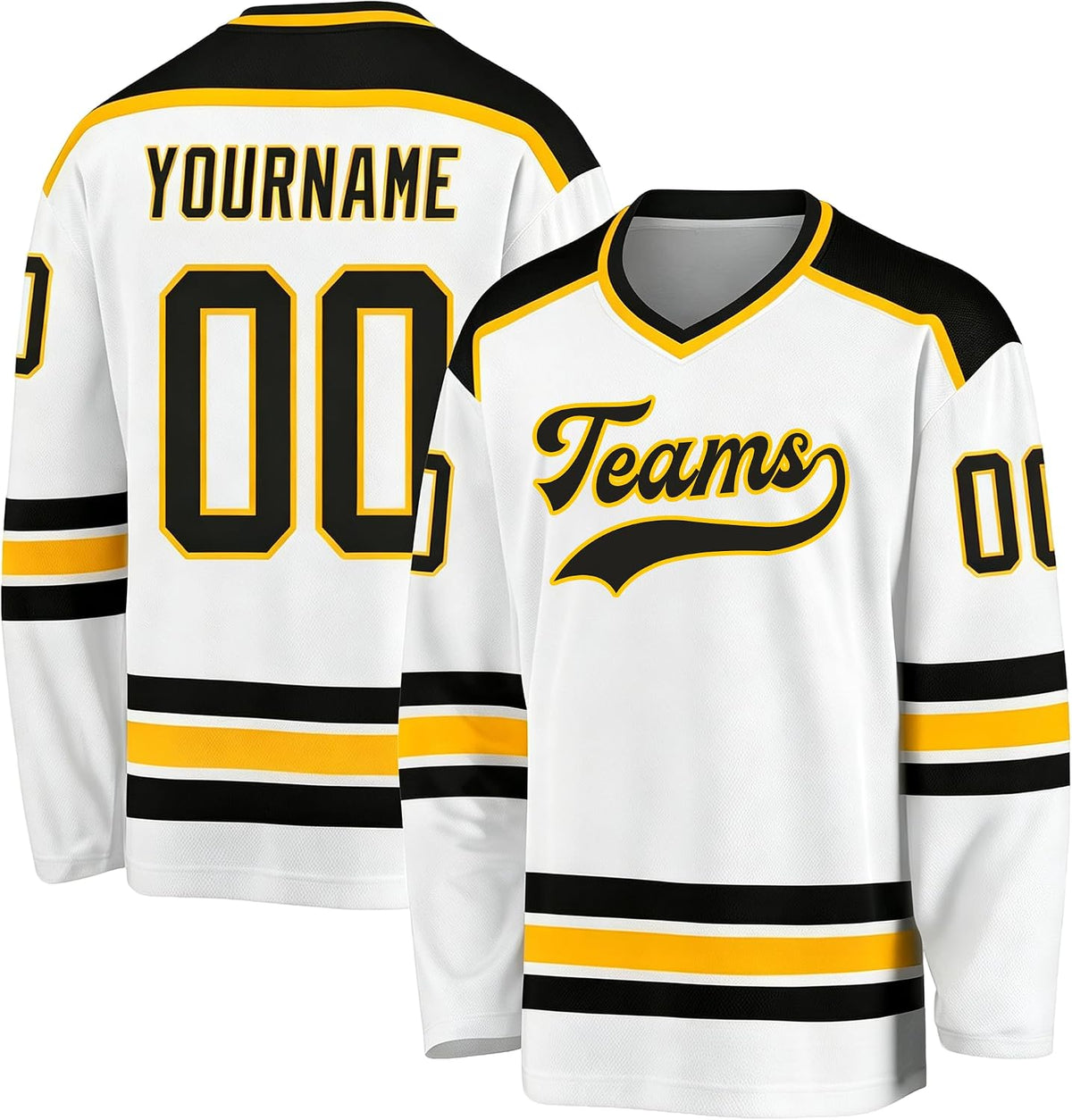 Custom White, Green, Black and Gold Hockey Jersey