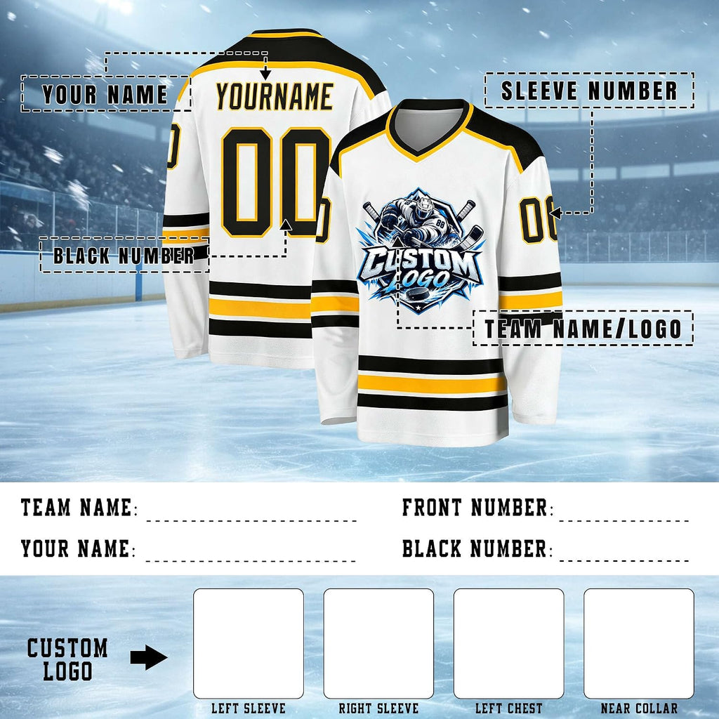 Custom White, Green, Black and Gold Hockey Jersey