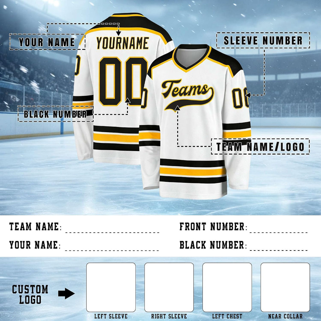 Custom White, Green, Black and Gold Hockey Jersey