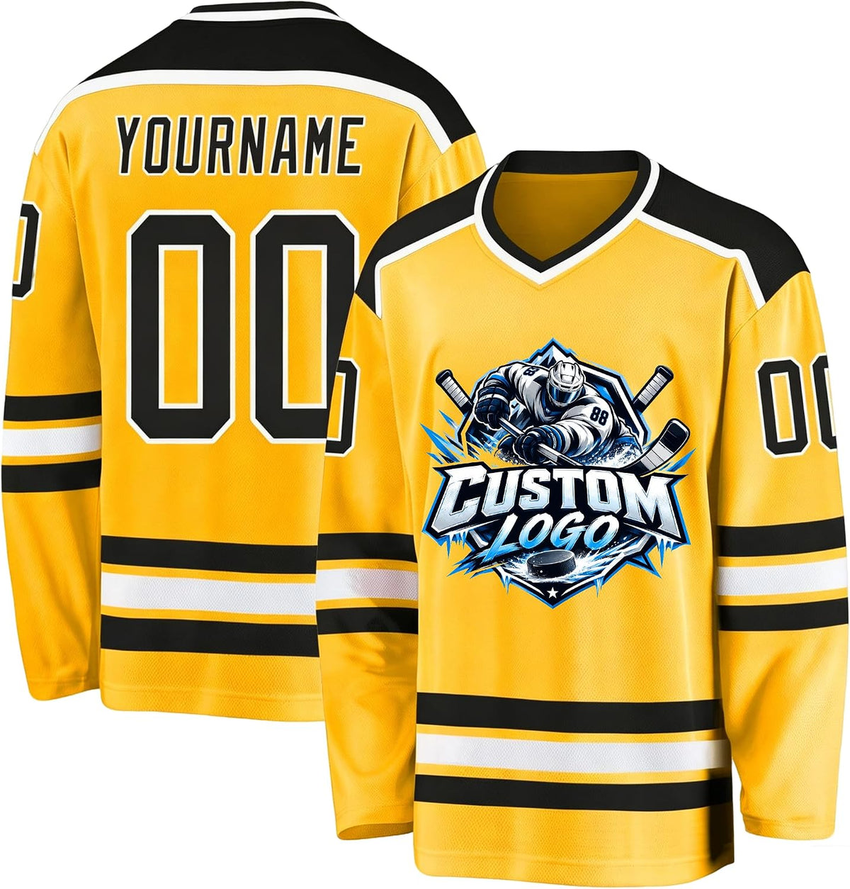 Custom Yellow, Black and White Hockey Jersey