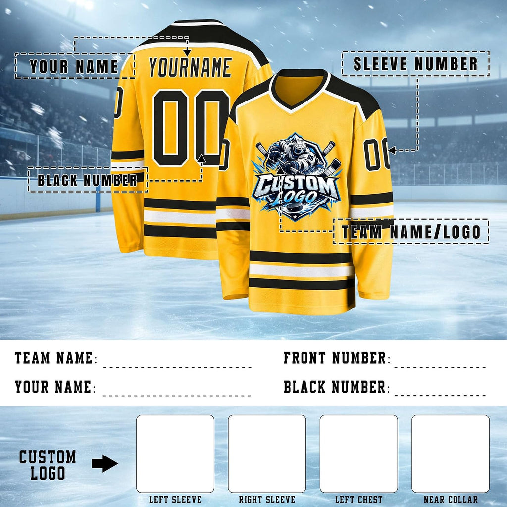 Custom Yellow, Black and White Hockey Jersey