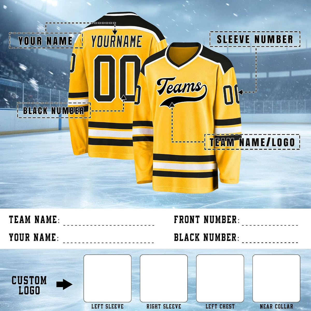 Custom Yellow, Black and White Hockey Jersey