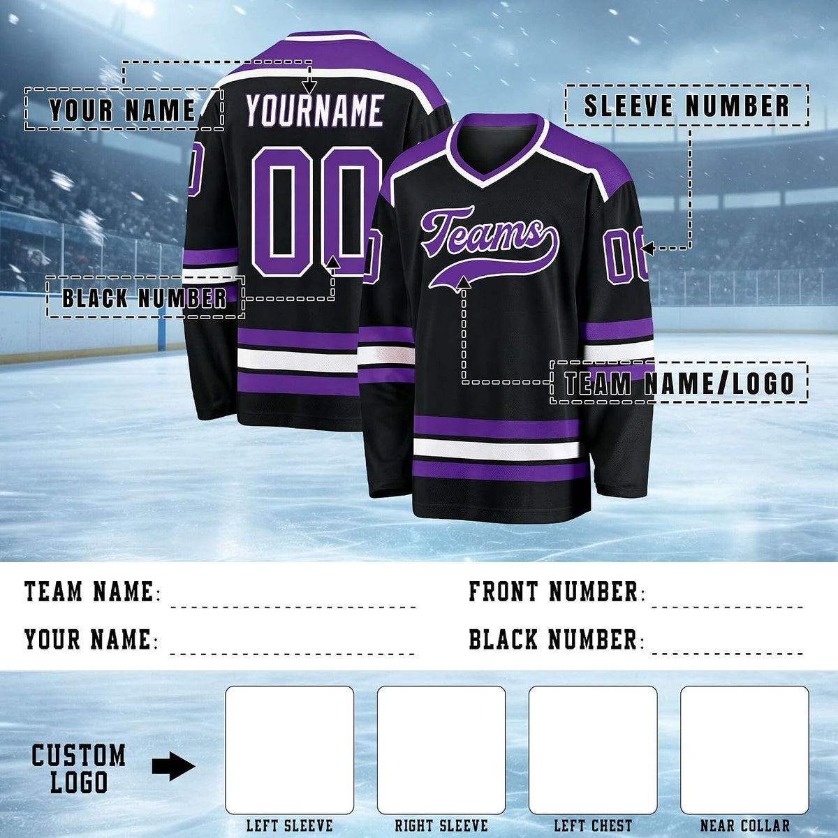 Custom Black, Purple and White Hockey Jersey
