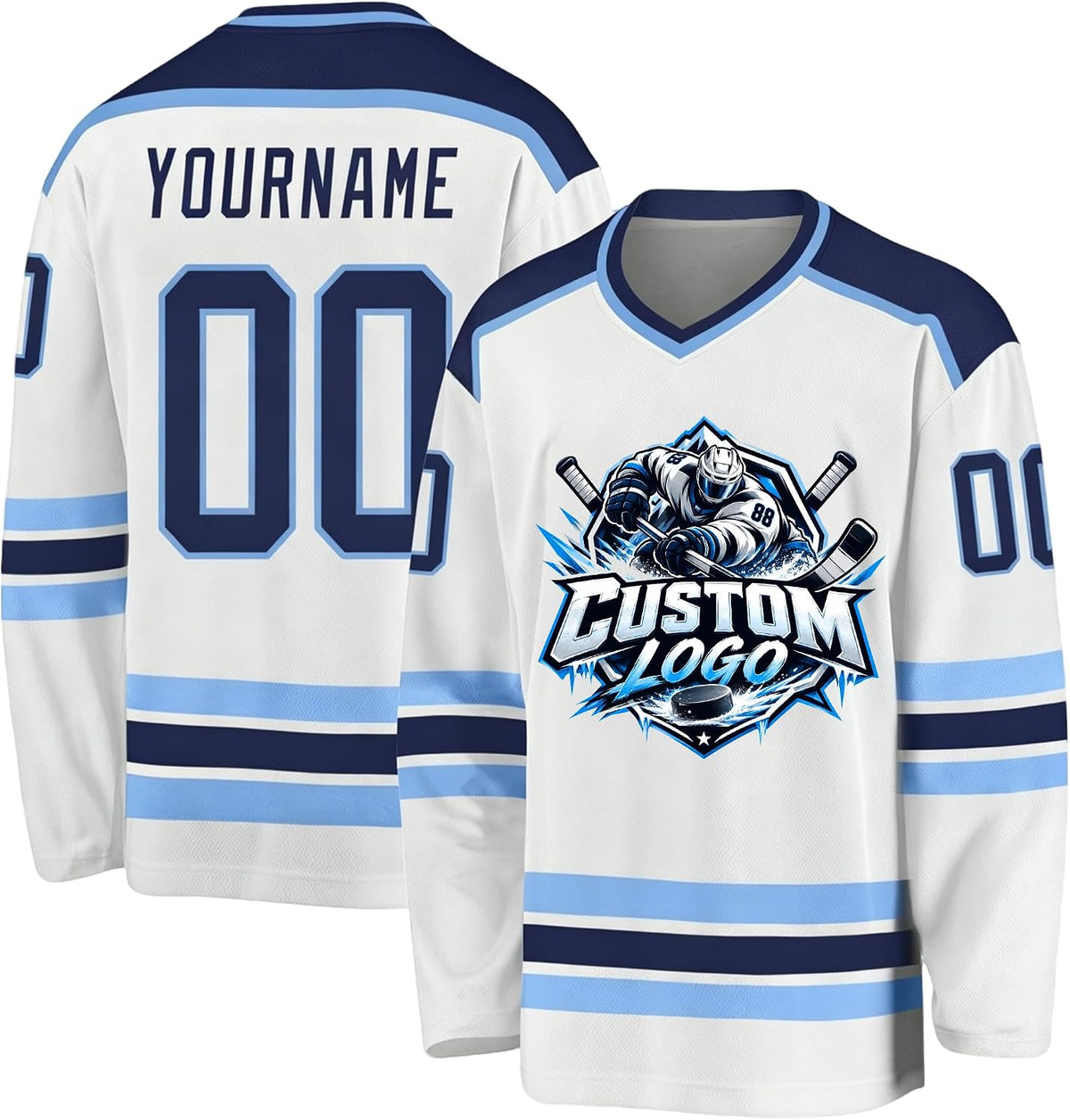 Custom White, Navy and Light Blue Hockey Jersey