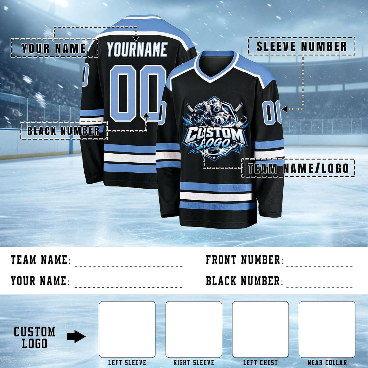 Custom Black, Light Blue and White Hockey Jersey