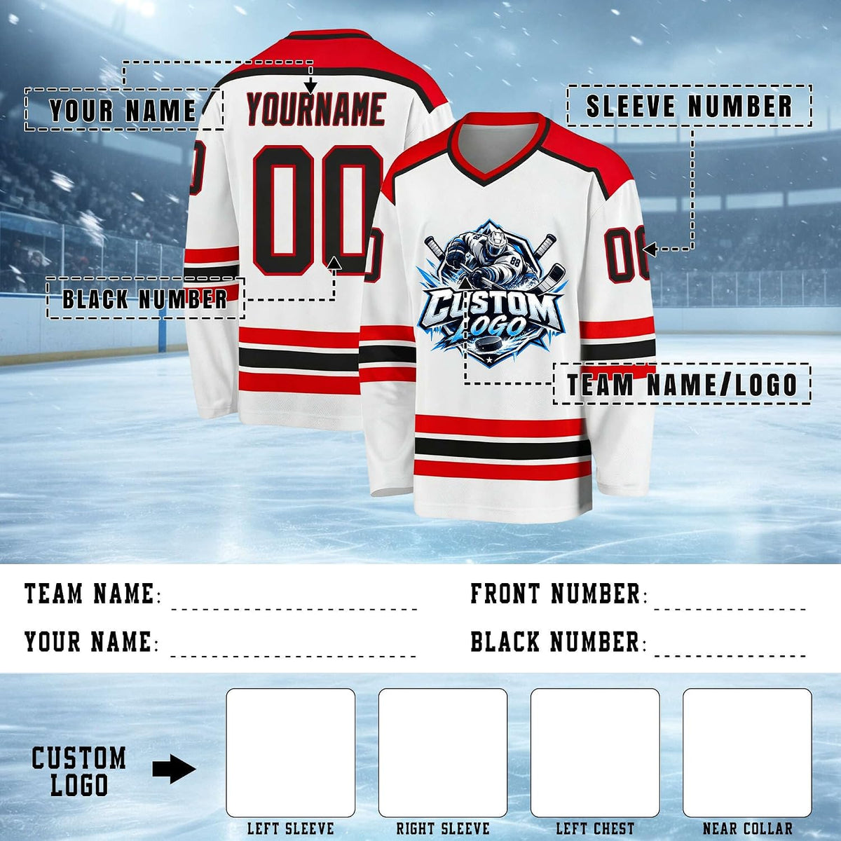 Custom White, Red and Black Hockey Jersey