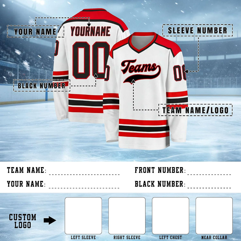Custom White, Red and Black Hockey Jersey
