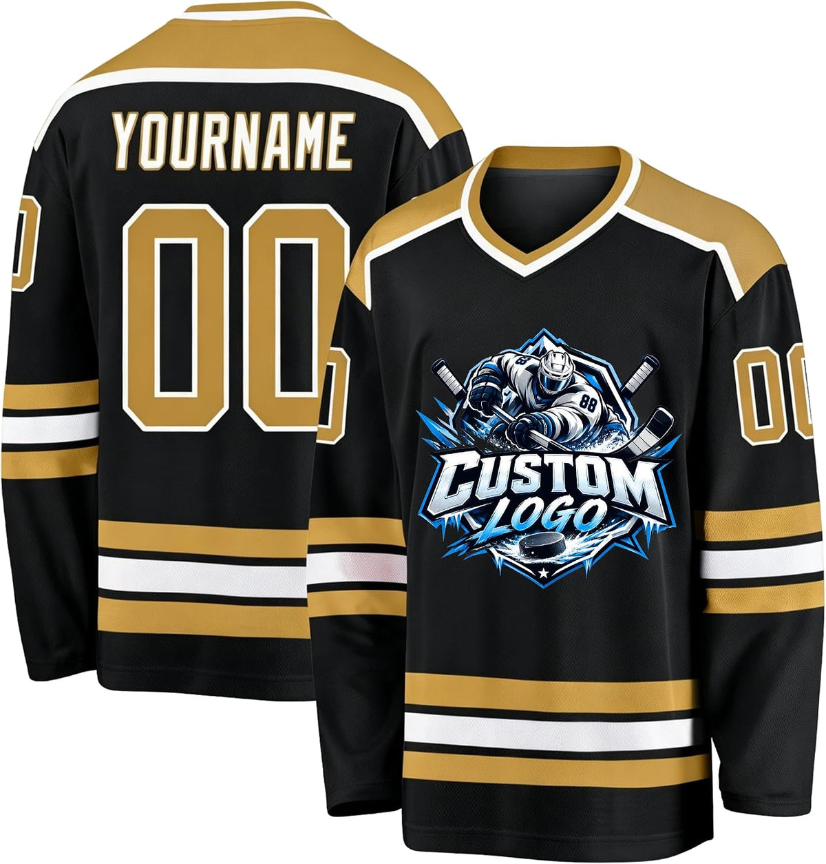 Custom Black, Gold and White Hockey Jersey