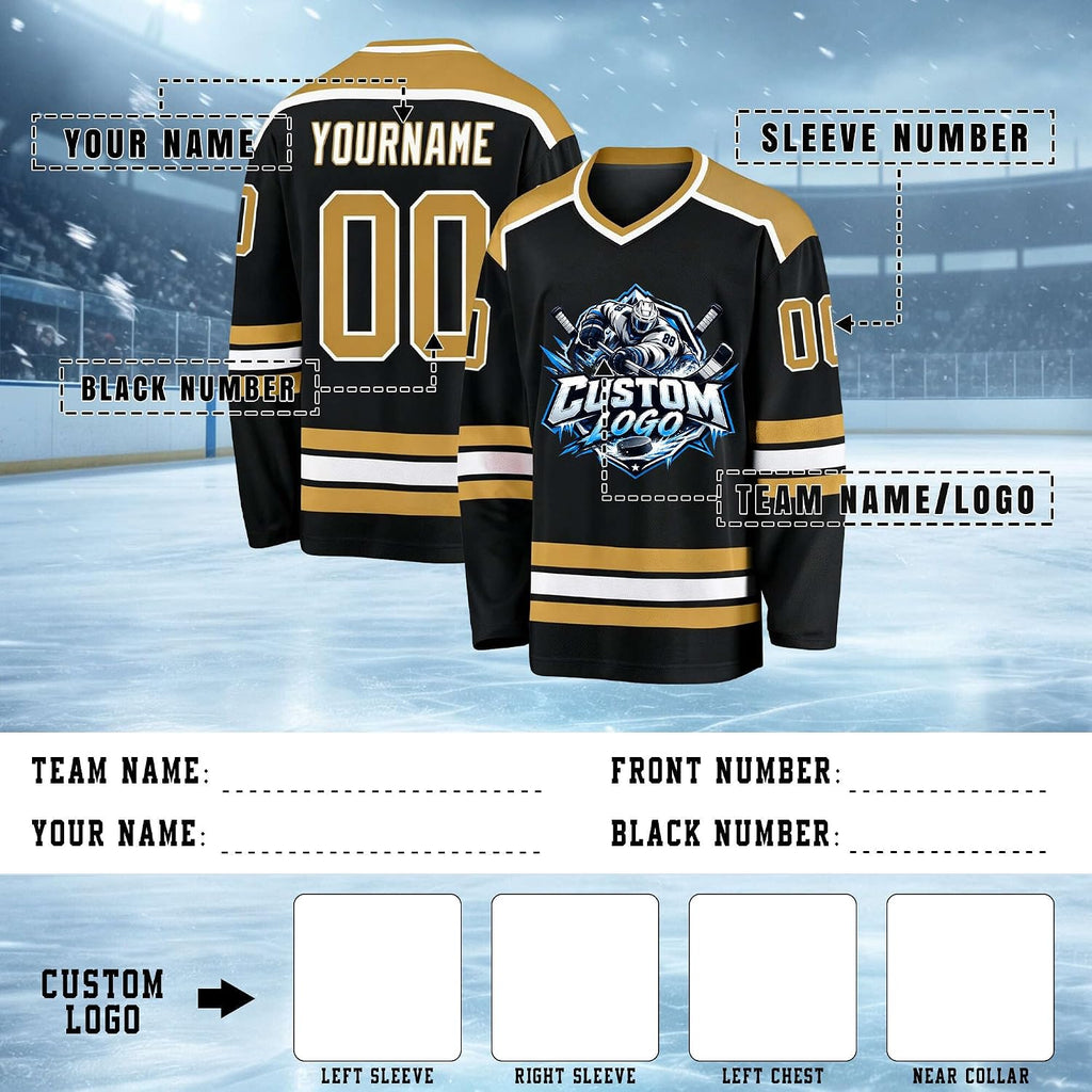 Custom Black, Gold and White Hockey Jersey