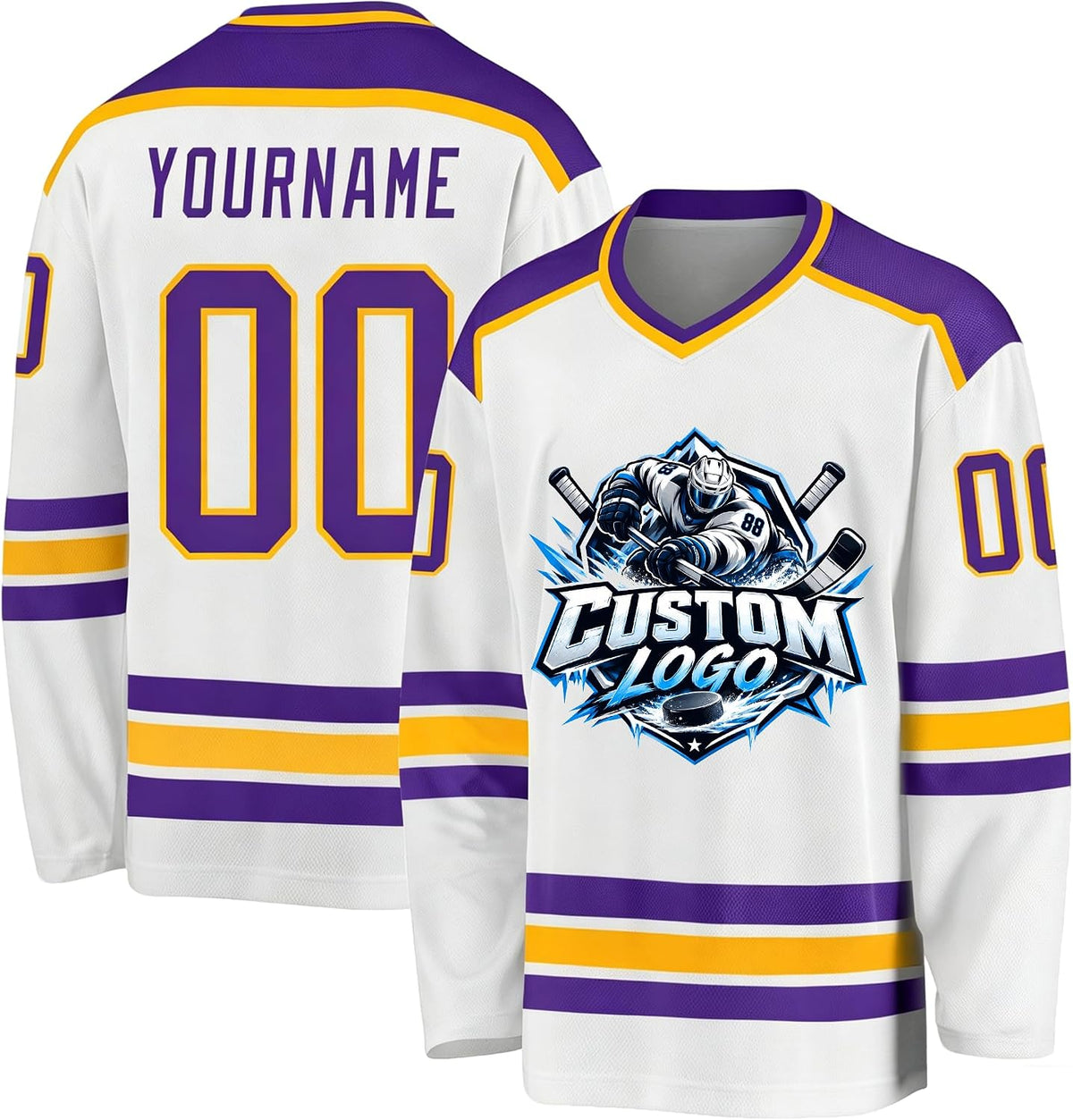 Custom White, Purple and Gold Hockey Jersey