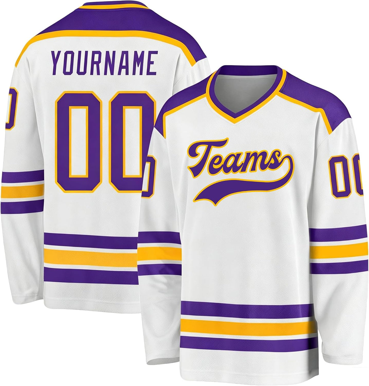 Custom White, Purple and Gold Hockey Jersey