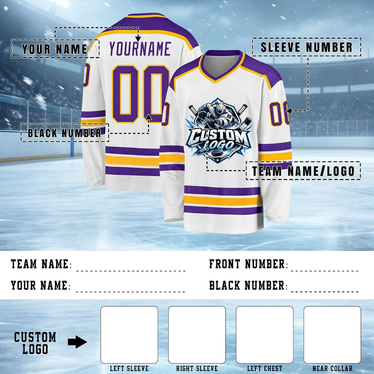 Custom White, Purple and Gold Hockey Jersey