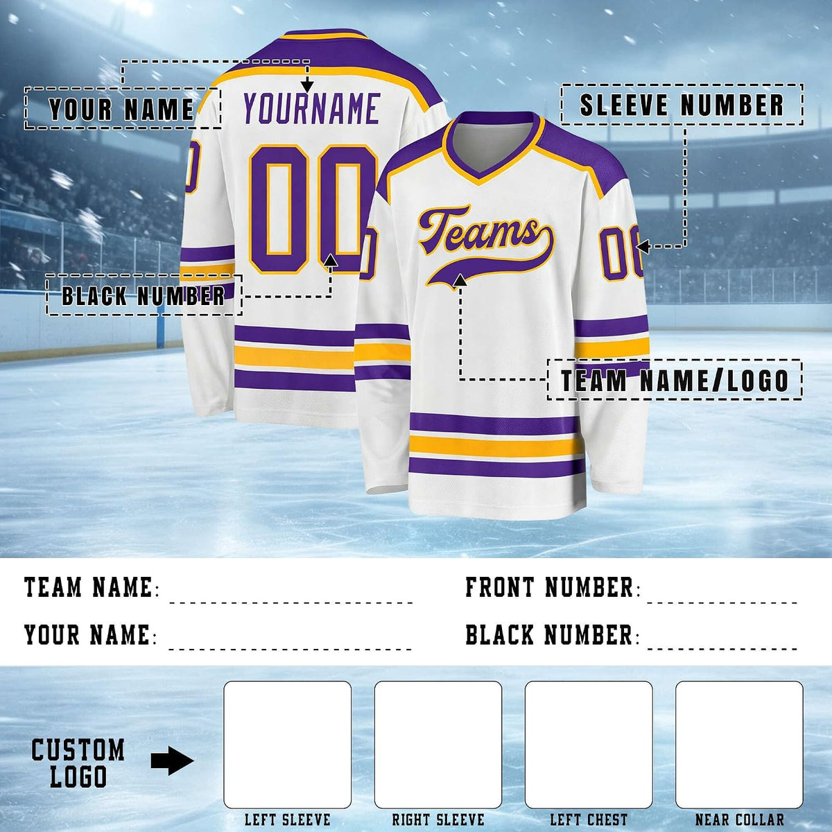 Custom White, Purple and Gold Hockey Jersey