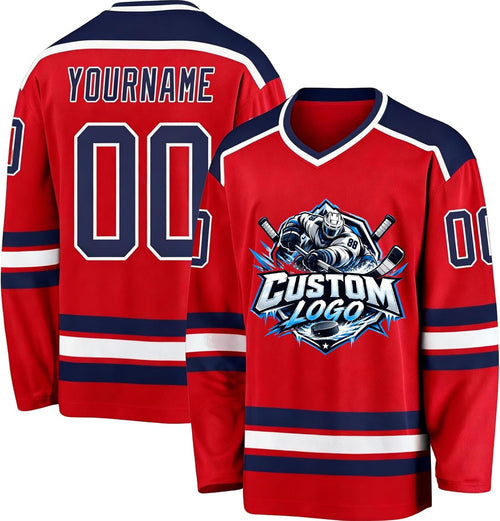 Custom Red, Navy and White Hockey Jersey