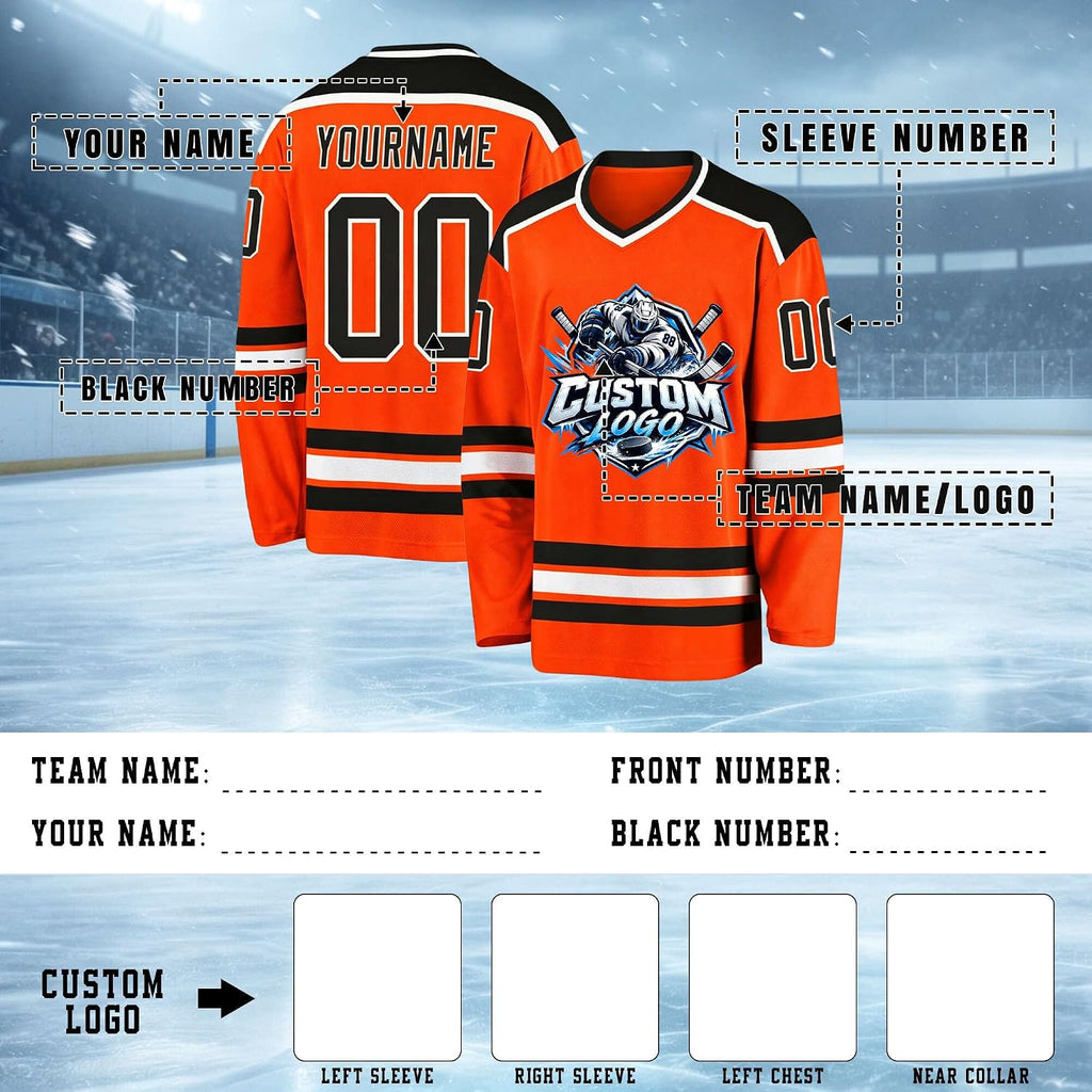 Custom Orange, Black and White Hockey Jersey