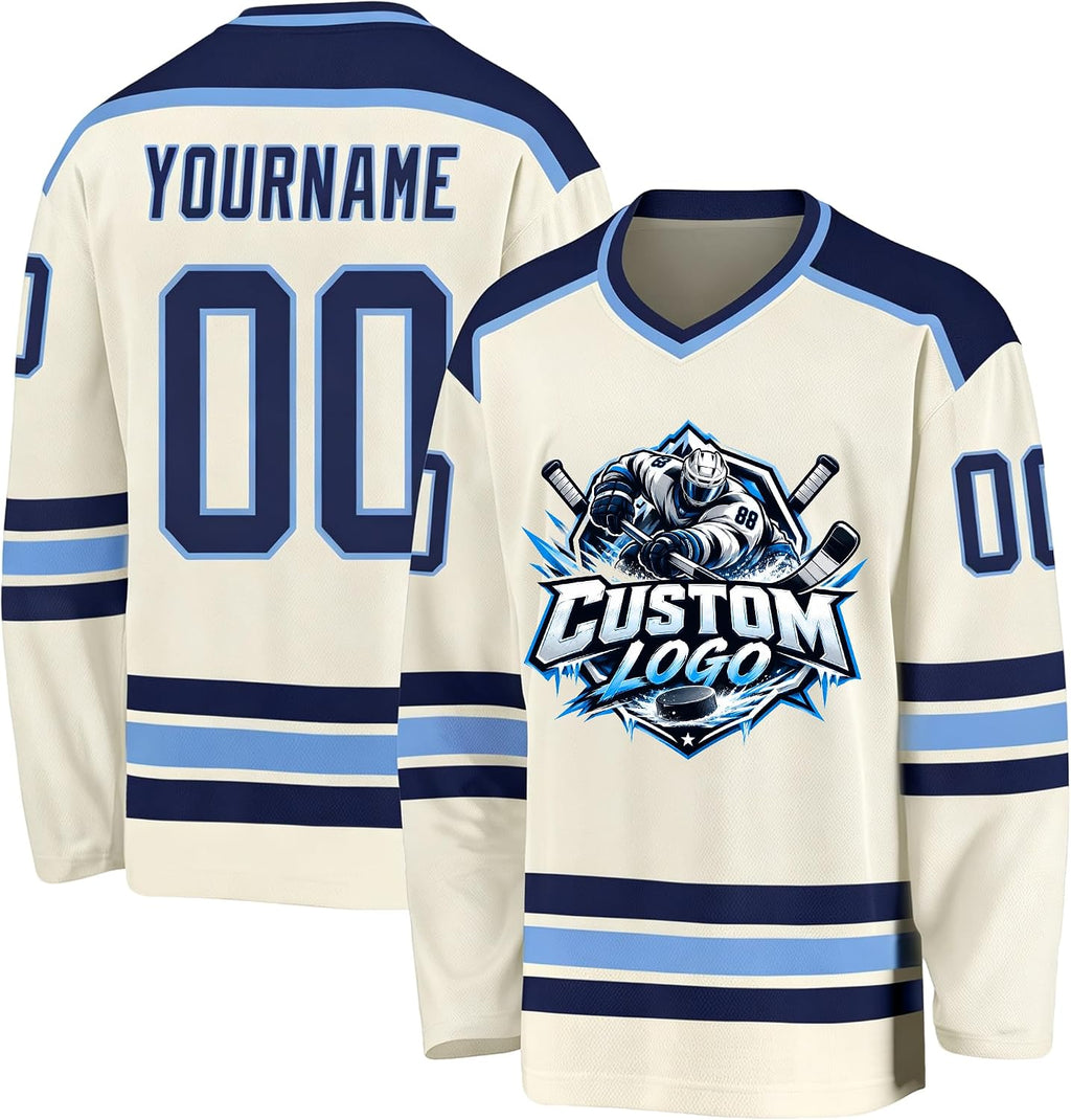 Custom Cream, Navy and Light Blue Hockey Jersey