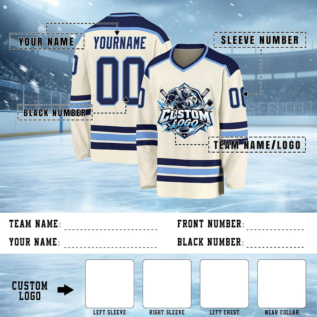 Custom Cream, Navy and Light Blue Hockey Jersey