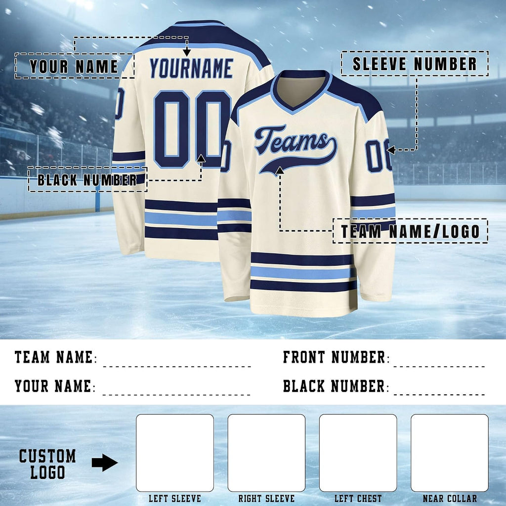 Custom Cream, Navy and Light Blue Hockey Jersey