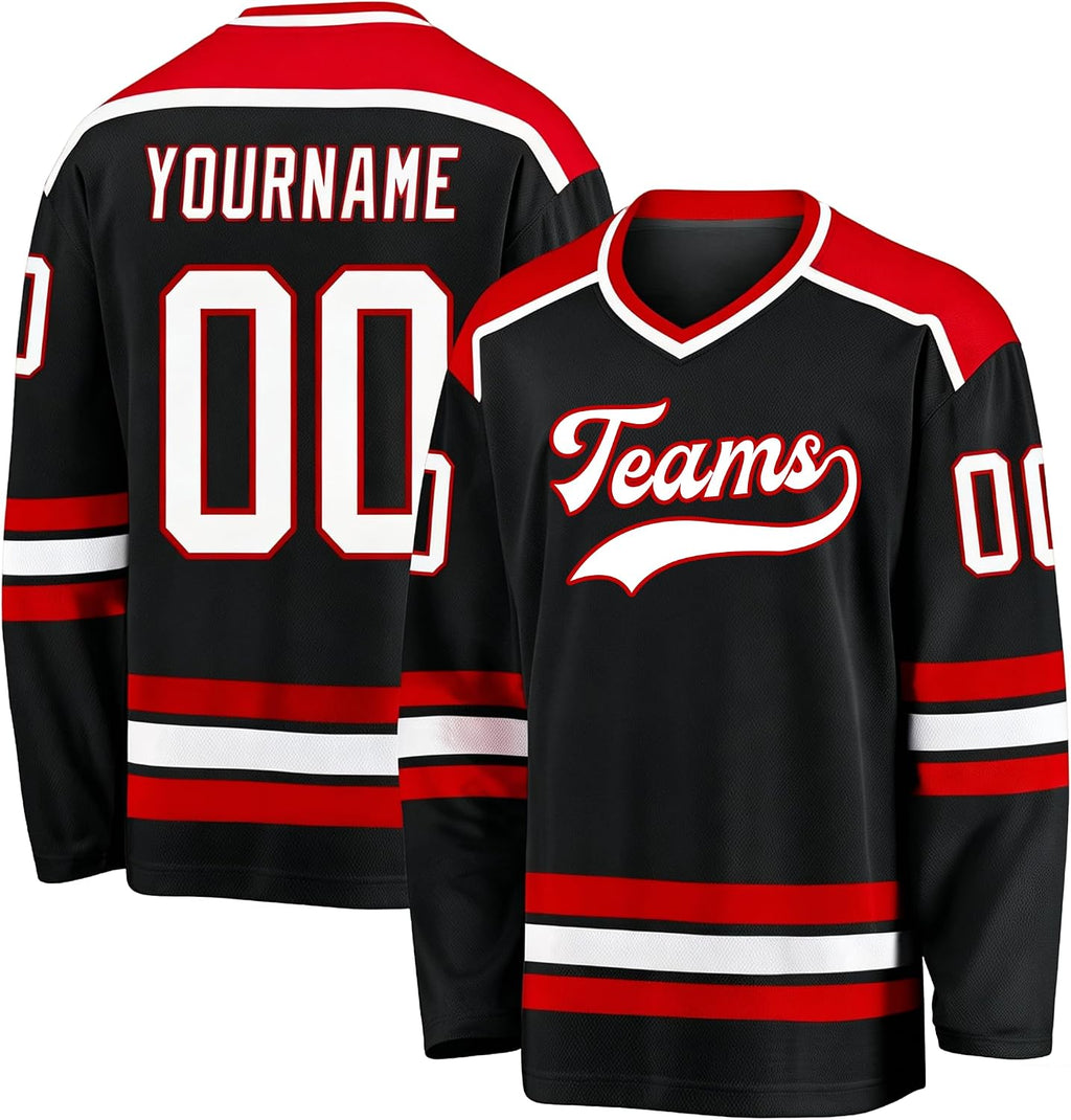Custom Black, Red and White Hockey Jersey