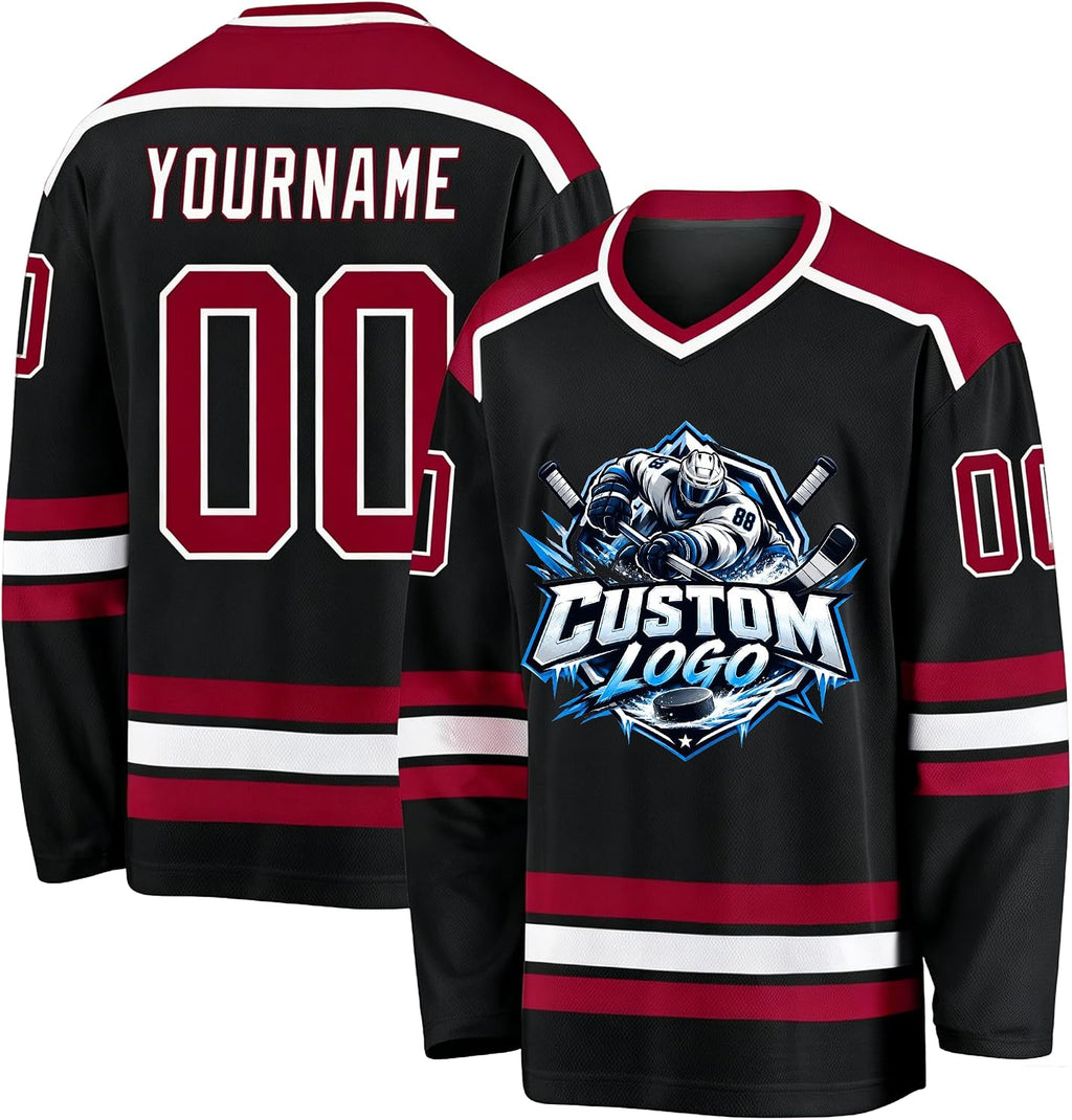 Custom Black, Maroon and White Hockey Jersey