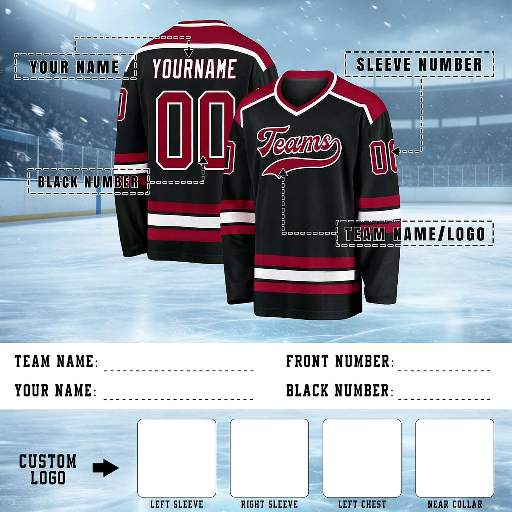 Custom Black, Maroon and White Hockey Jersey