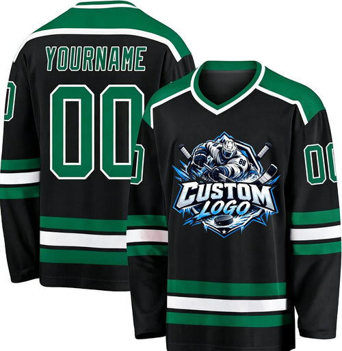 Custom Black, Green and White Hockey Jersey