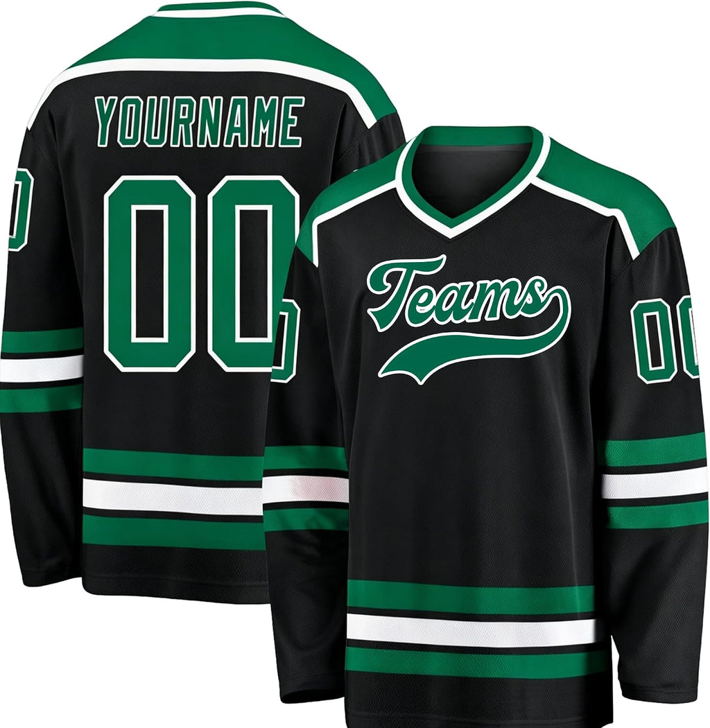 Custom Black, Green and White Hockey Jersey