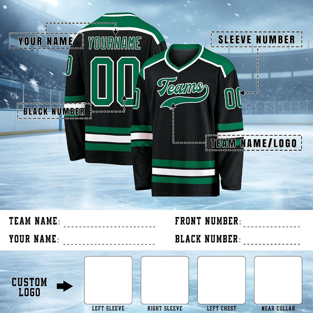 Custom Black, Green and White Hockey Jersey