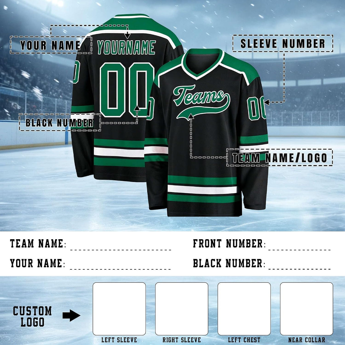 Custom Black, Green and White Hockey Jersey