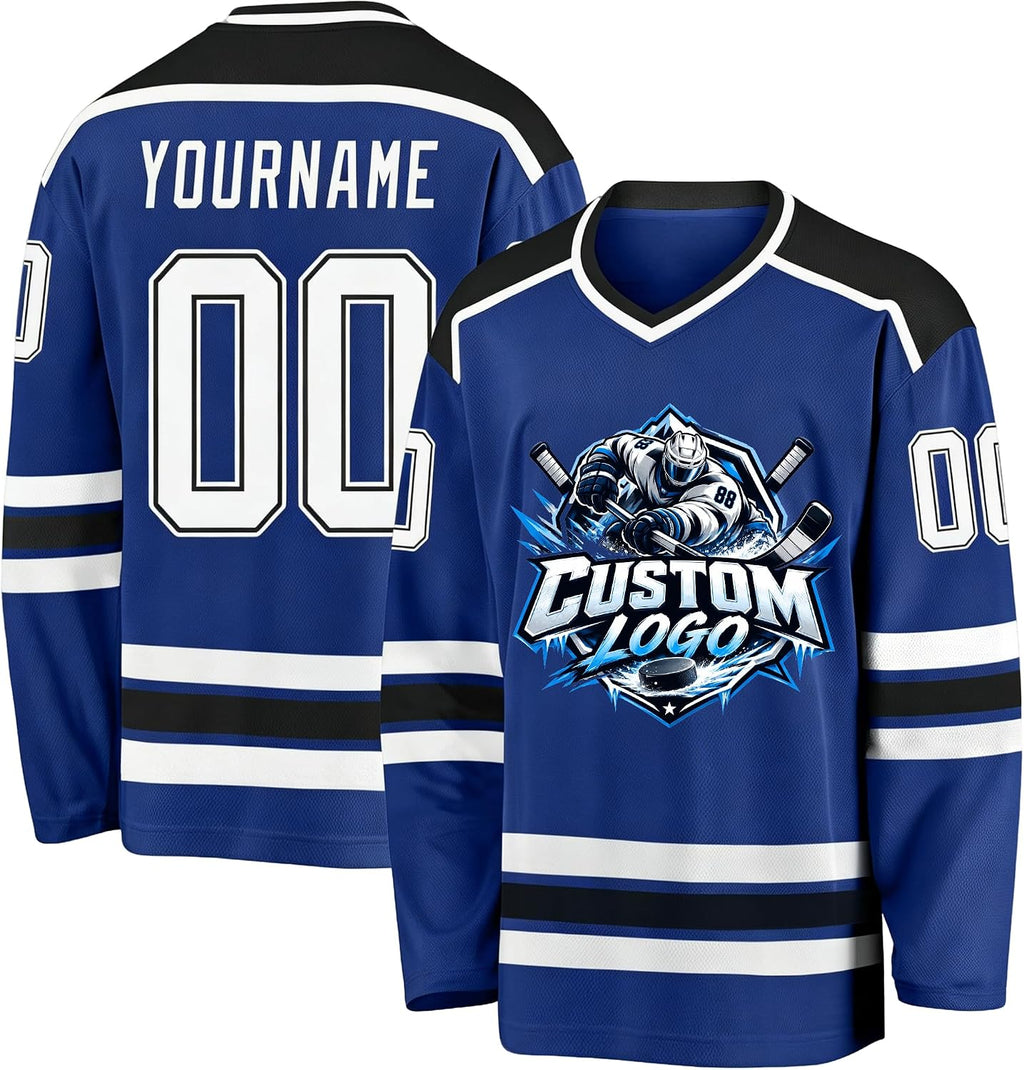 Custom Royal Blue, Black and White Hockey Jersey