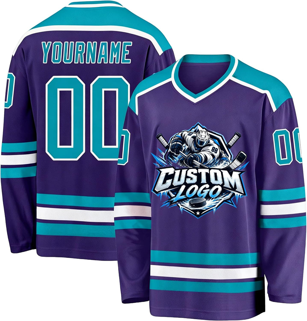 Custom Purple, Teal and White Hockey Jersey