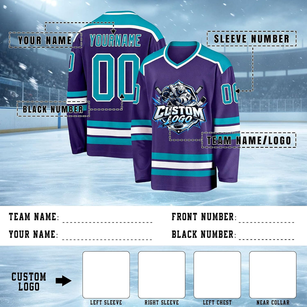 Custom Purple, Teal and White Hockey Jersey