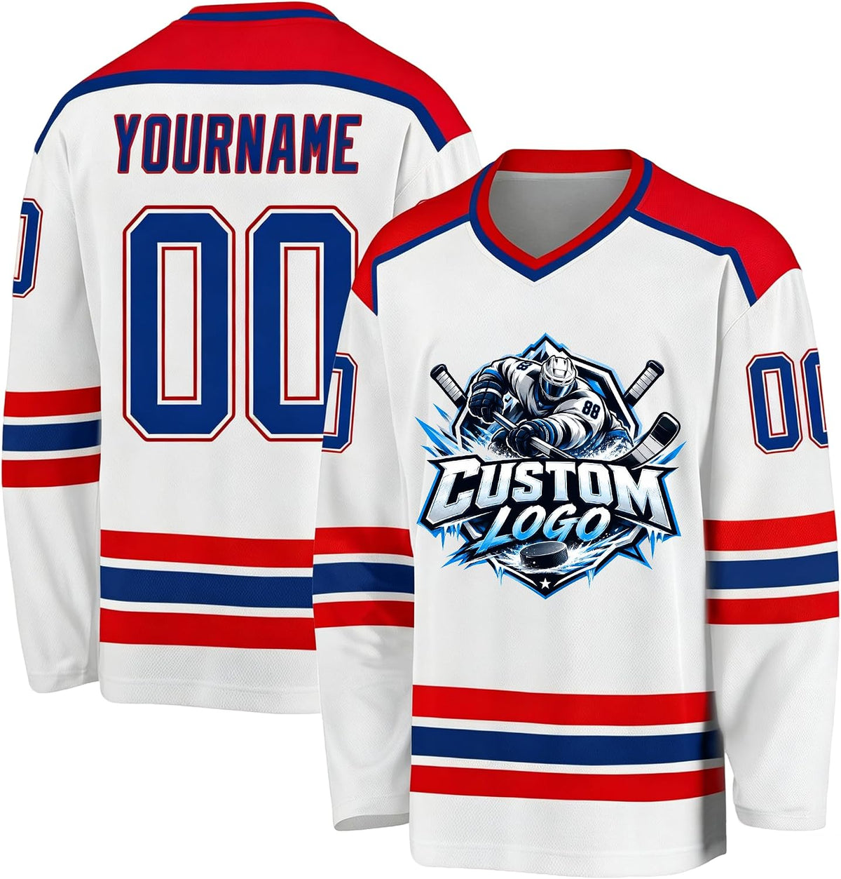 Custom White, Red and Navy Hockey Jersey