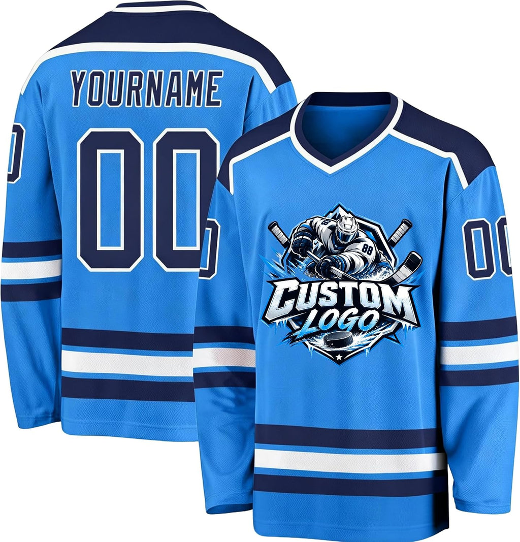 Custom Sky Blue, Navy and White Hockey Jersey
