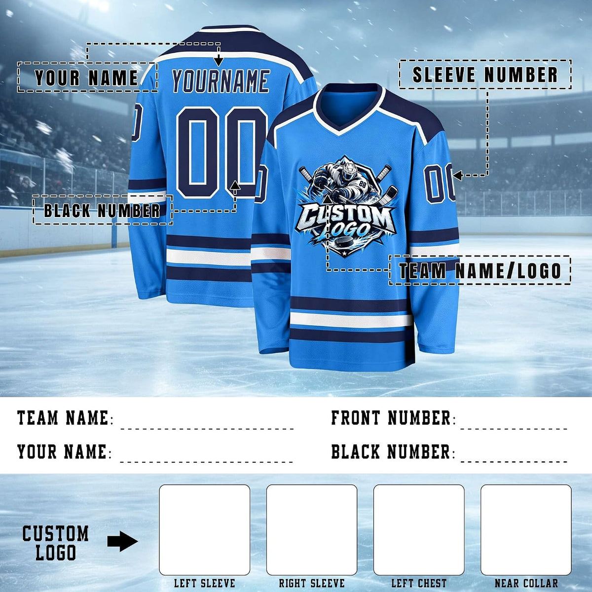 Custom Sky Blue, Navy and White Hockey Jersey