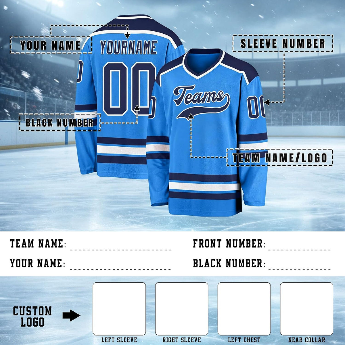 Custom Sky Blue, Navy and White Hockey Jersey